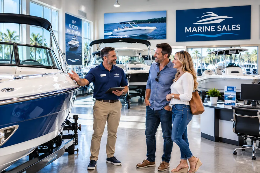 Salesperson helping a couple choose a boat in a marine dealership showroom