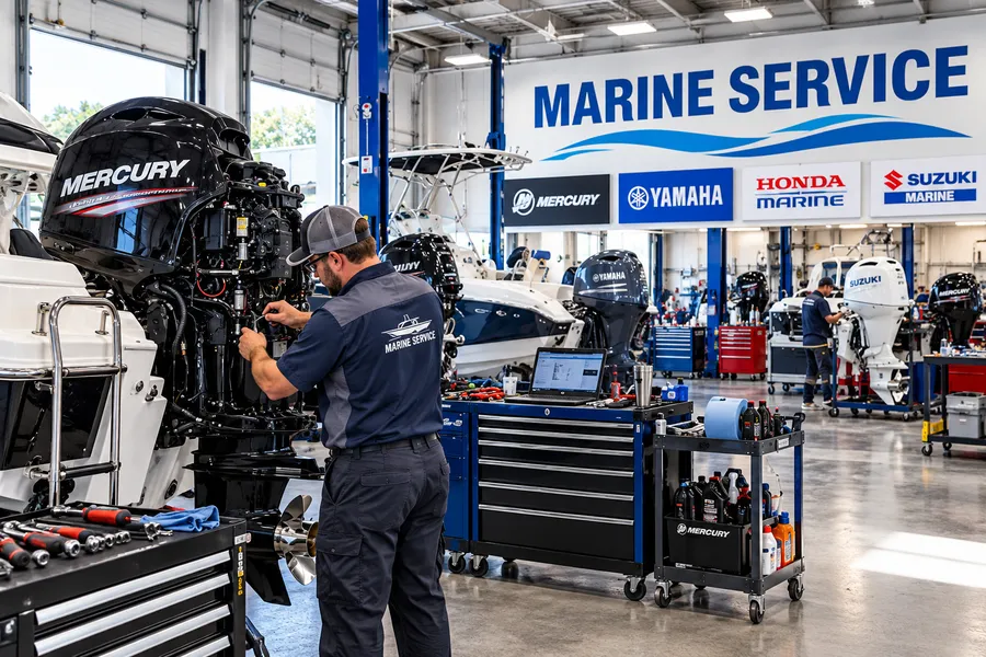 Technician servicing an outboard motor in a marine service department