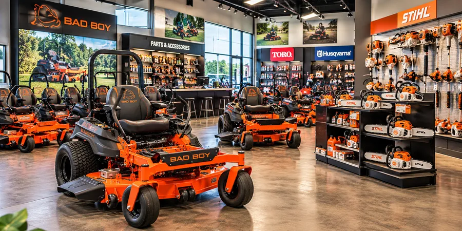Zero-turn mowers and chainsaws in an outdoor power equipment dealership showroom