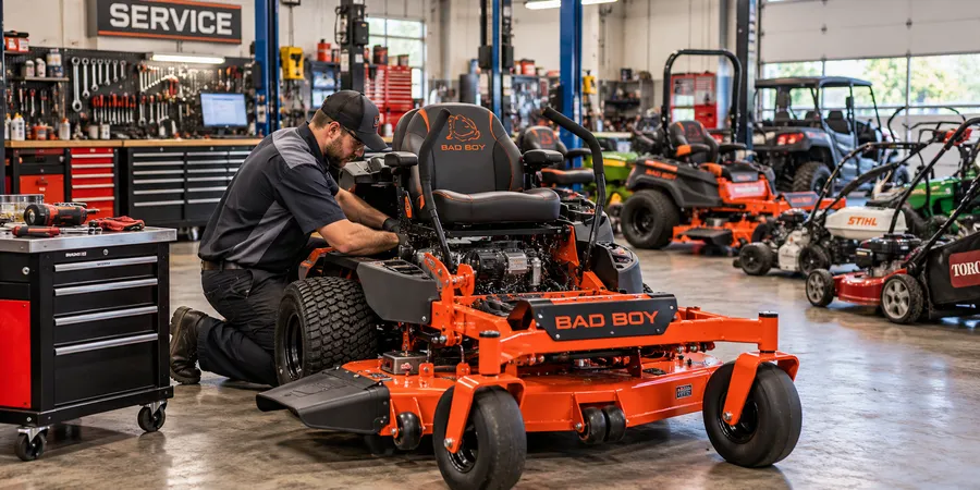 Technician servicing a zero-turn mower in an OPE dealership service department